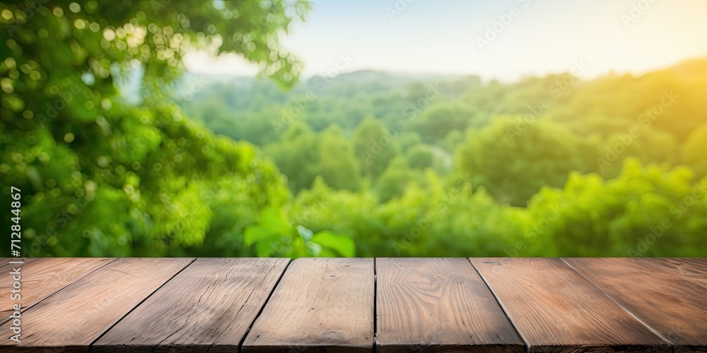 Wooden table surface against green nature backdrop - for montage or showcasing products Wooden table surface against green nature backdrop - for montage or showcasing products