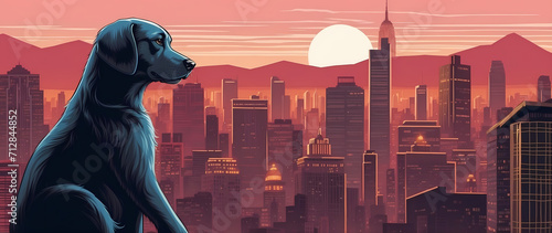 illustration of a dog on the city skyline background, a dog sitting on the side of the photo, with copy space. photo