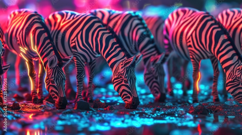 A herd of neon zebras grazing on the neon gr their bold stripes creating a mesmerizing pattern - obrazy, fototapety, plakaty 