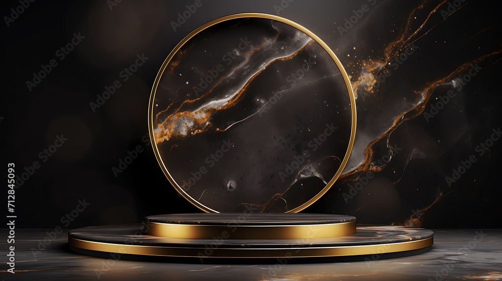 luxury marble podium with abstract gold black background