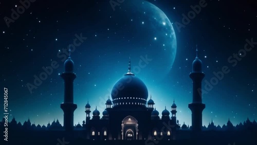 Mosque building architecture with eery weather in the night animated islamic background photo