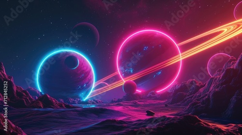 A galaxy of neon planets each one glowing in a different color
