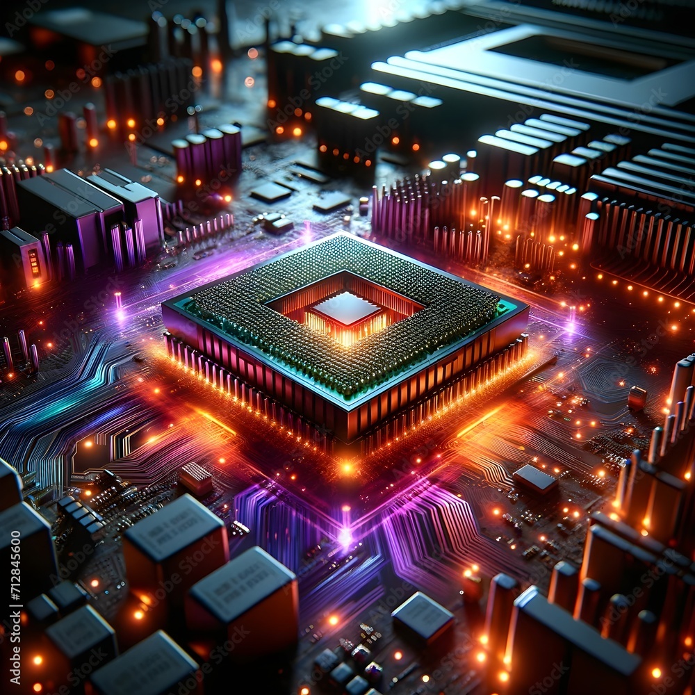 Cutting-Edge Technology Silicon Chip with Neon Data Streams on Circuit Board