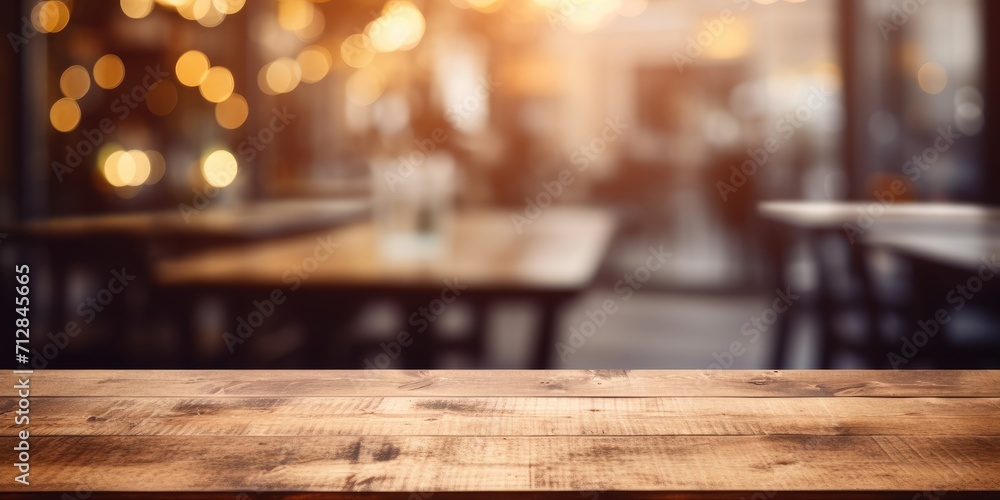 Blurred restaurant backdrop with wooden table.