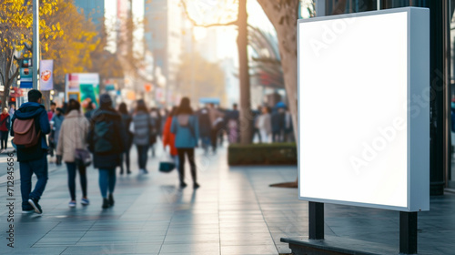 Empty board for service and product advertisement downtown street. Created using generative AI.