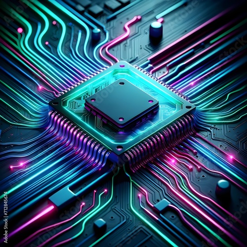 Cutting-Edge Technology Silicon Chip with Neon Data Streams on Circuit Board