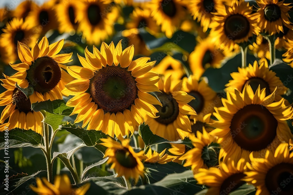 Fototapeta premium Witness the radiance of a sunflower in its full glory, bathed in perfect lighting. The super realistic depiction captures the bloom's every detail, creating