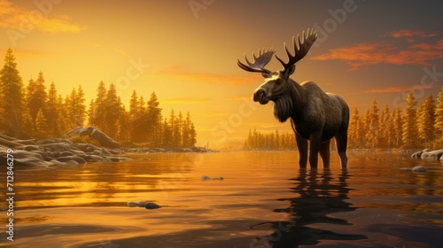 A moose standing in a river at sunset. Generative AI. © Nikolay