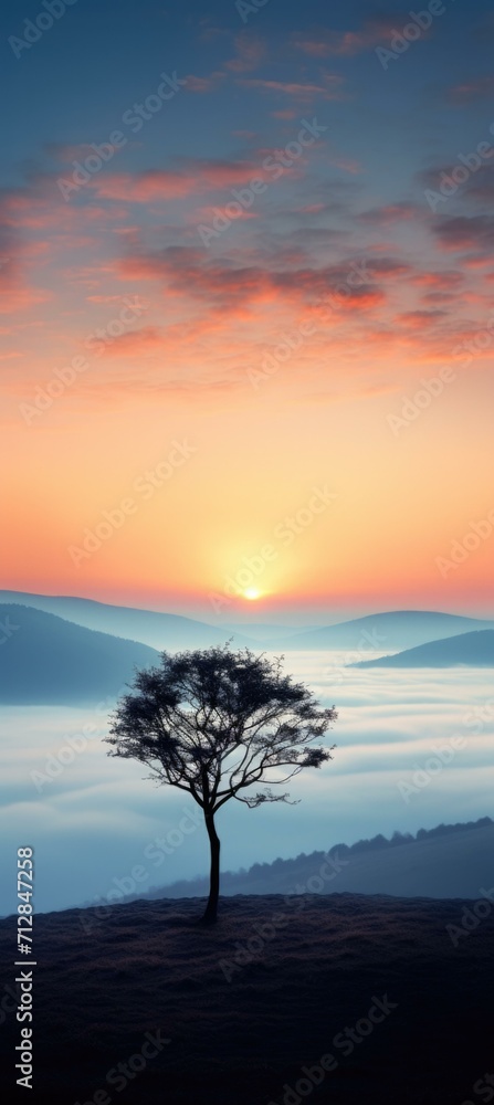 A lone tree stands on a hill at sunrise. Generative AI.