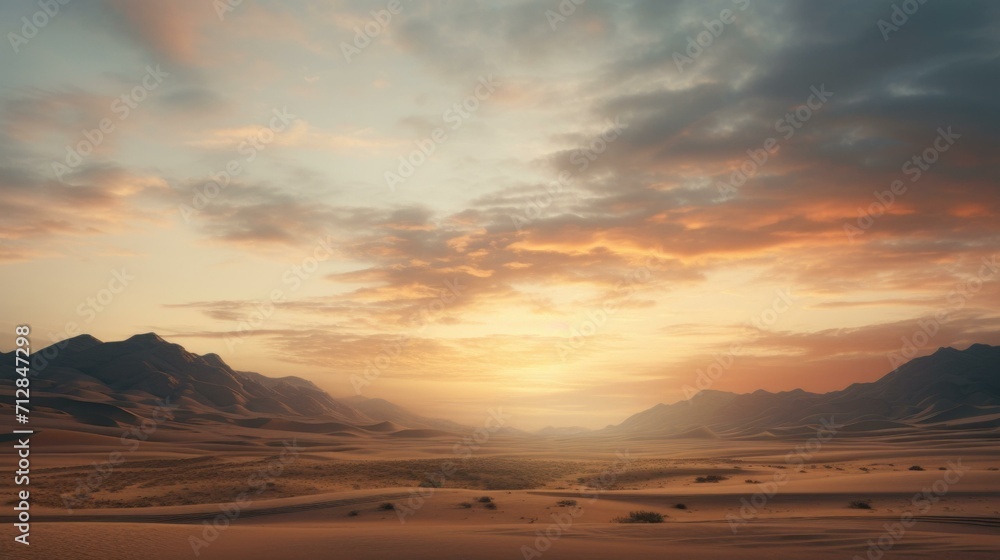 A desert landscape with mountains and clouds. Generative AI.