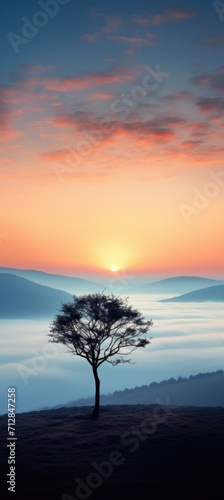 A lone tree stands on a hill at sunrise. Generative AI.