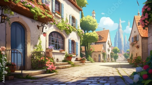 An animated scene of a street with flowers and buildings. Generative AI. © Nikolay