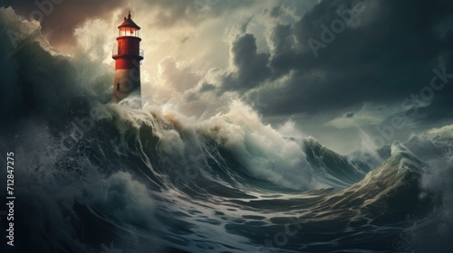 A lighthouse is in the middle of a stormy sea. Generative AI.