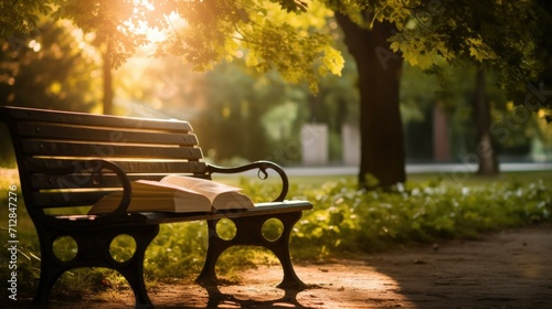 Fotografia A book sits on a park bench in the sun. Generative AI.