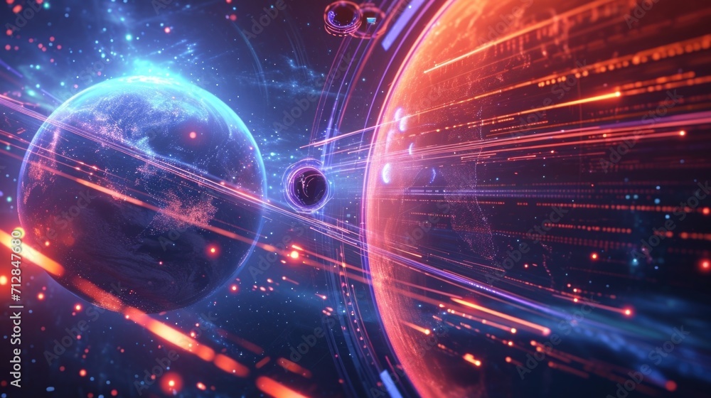 Obraz premium In this otherworldly dimension the planetary orbits are rep by floating equalizer bars creating a unique and fascinating visual experience