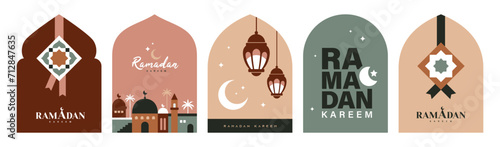 Ramadan Kareem, set of Islamic windows design with mosque, lantern, ketupat, cresent moon and typography design.