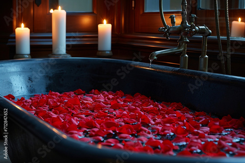 Indulge in romance with a captivating rose petal-filled bathtub, set in an intimate dark ambiance. Candlelight dances, casting a warm glow, creating a dreamy and enchanting atmosphere. photo