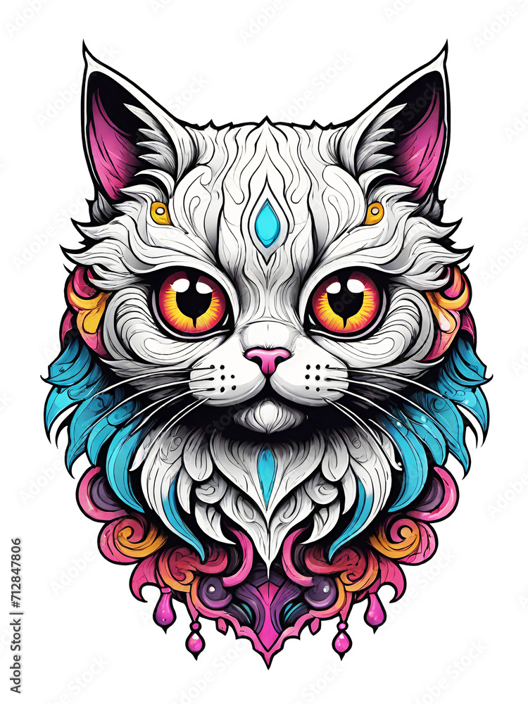 Fototapeta premium Colorful cat head with colorful splashes on transparent background