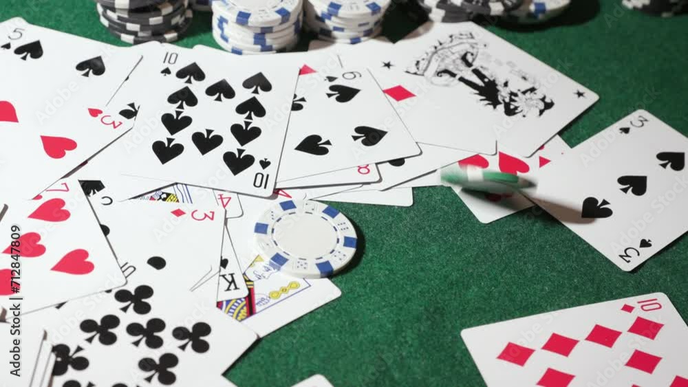 Pokers chips and playing cards on green table background Pokers chips and playing cards on green table background
