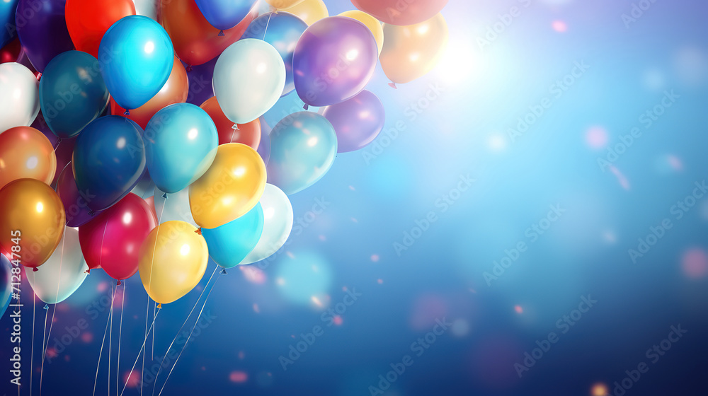 Background with bundle of colorful flying balloons, Warm light, Glittering Soaring into the Sky