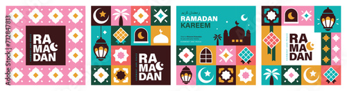 Set of Ramadan Kareem vector illustration in flat geometric style design for poster, greeting card, banner and cover. © littleWhale