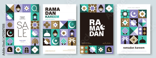 Set of Ramadan Kareem vector illustration in flat geometric style design for poster, greeting card, banner and cover. photo