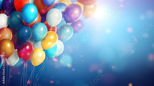 Background with bundle of colorful flying balloons, Warm light, Glittering Soaring into the Sky