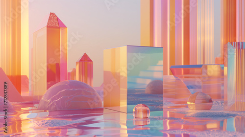 Abstract background with enchanting and nostalgic ambience surrounds abstract pink crystal structures atop a glassy lake
