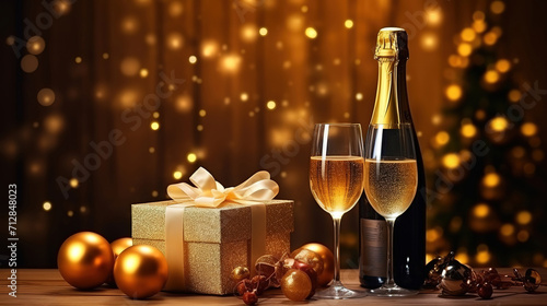 Happy new year 2024 background new year holidays card, gifts and bottle of Champagne