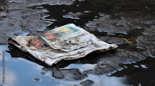 A sad sight of a once vibrant newspaper, now left to soak in a puddle and slowly disintegrate.