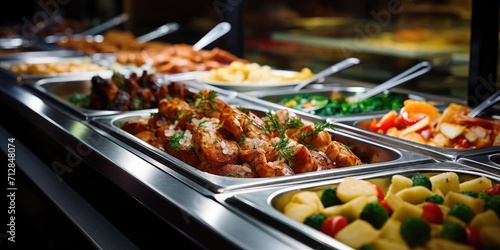 Buffet food in heated trays at hotel restaurant.