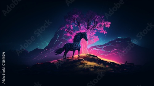 Horse Neon light animal hill next tree AI Generated pictures