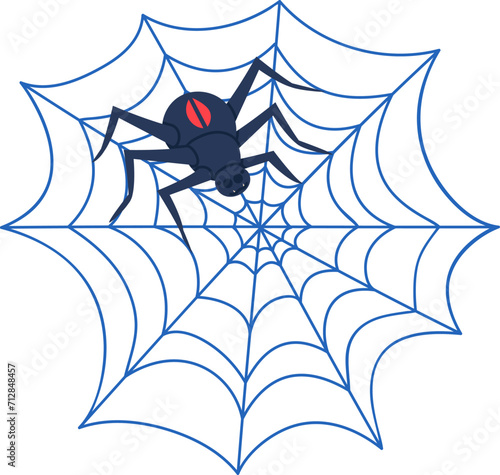 Black spider with red mark on a web, simple cartoon style, on white background. Halloween decoration, spooky insect concept vector illustration.