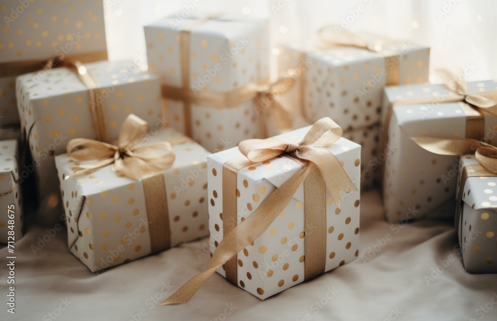 Many white and gold gift boxes with bows. Generative AI. Many white and gold gift boxes with bows. Generative AI.