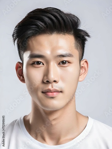 close up portrait of young handsome smiling asian man with white shirt