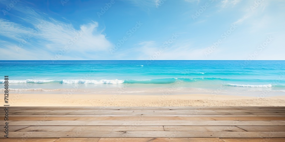 Fototapeta premium Display your products on a wooden table against a beach and summer-themed backdrop featuring a blue sea and sky.