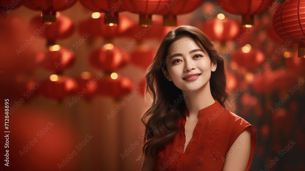 Festive Radiance : A woman in a red dress smiling leisurely under a red light
Festive Radiance : A woman in a red dress smiling leisurely under a red light