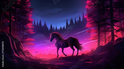 Horse Neon light animal walk through the forest AI Generated image
