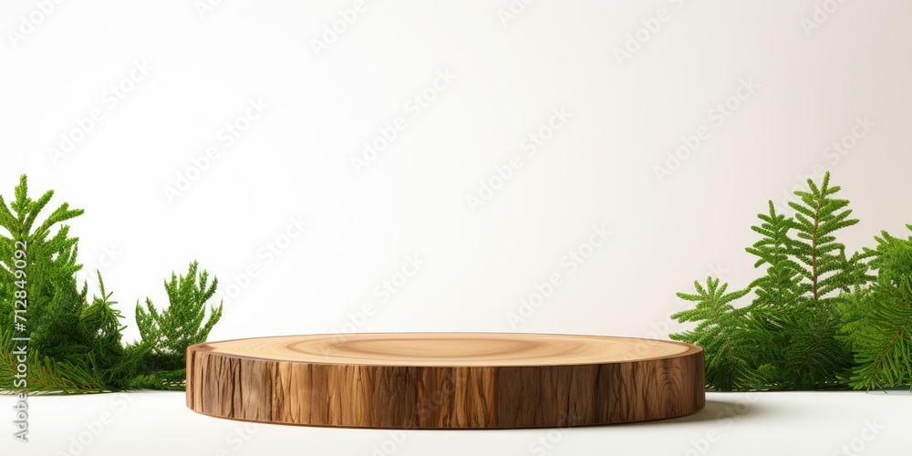 Empty wooden stand studio with a wood slice podium, green spruce branches, and a white background. Suitable for new product demos, promotions, banners, presentations, and cosmetics showcases. Empty wooden stand studio with a wood slice podium, green spruce branches, and a white background. Suitable for new product demos, promotions, banners, presentations, and cosmetics showcases.