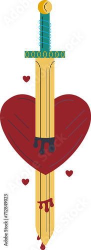Sword piercing red heart, dripping blood. Love betrayal and heartache concept. Medieval weapon and romantic symbolism vector illustration.