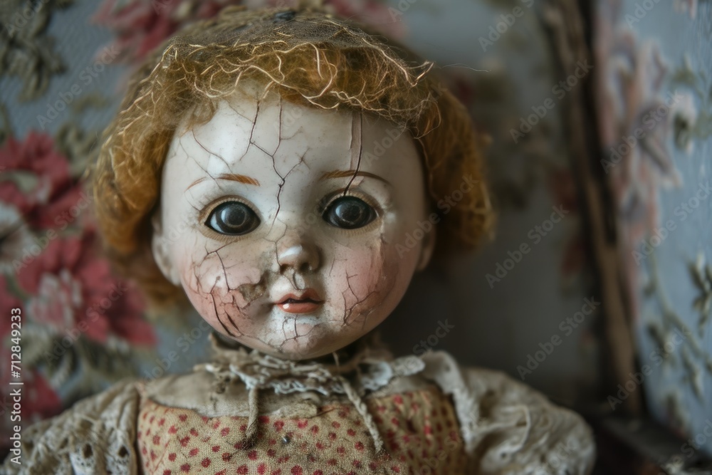 A haunted doll with cracked porcelain and a ghostly presence Old mystical scary horror doll A haunted doll with cracked porcelain and a ghostly presence Old mystical scary horror doll