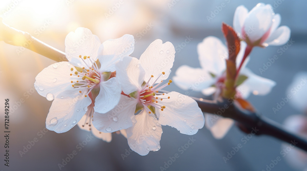 Close-up of white cherry blossoms with fresh dew drops glistening in the warm sunlight.