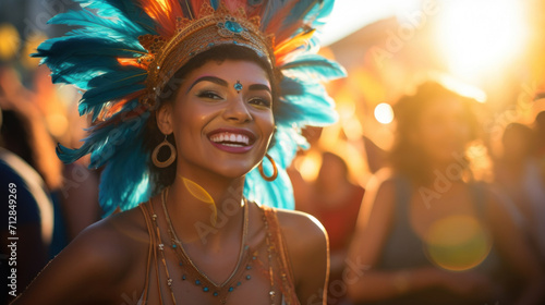 A joyous carnival participant in a vibrant costume with feathers during a sunset parade, embodying celebration and culture.