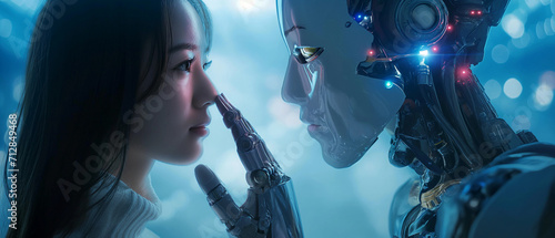 A young woman and a robot with illuminated features share a close, contemplative moment, symbolizing the intersection of humanity and technology.