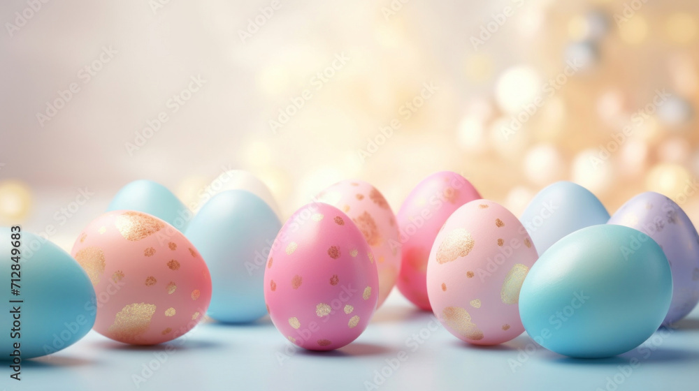 Easter eggs in pastel tones adorned with golden specks, creating a festive and elegant holiday atmosphere.