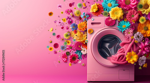 Purple Harmony: Washing Machine and Fresh Flowers in a Concept of Cleanliness and Freshness, Creative scene with a washing machine from which explodes a lot of colorful fragrant spring flowers.