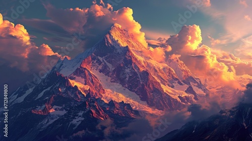Luminous yellow and pink clouds float above the mountain peaks accentuating their grandeur in the fading light