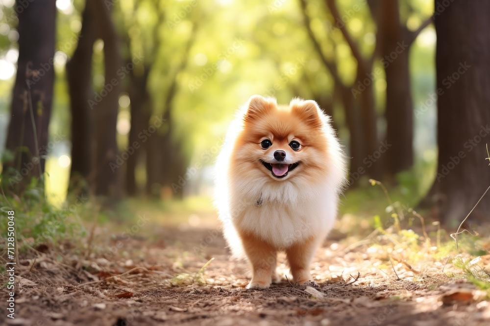 A small fluffy Pomeranian is walking through the forest.