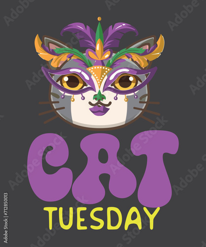 Cat Tuesday Mardi Gras T-Shirt design vector, Mardi Gras, Cat Shirt, cat lover, cat wear mardi gras mask, funny cat, Fat Tuesday, Shrove Tuesday, Pancake Tuesday