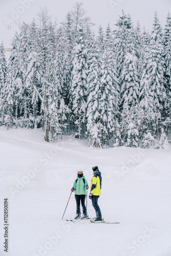 Pair of skiers stands on a snowy slope at the edge of the forest